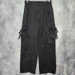 Black Wide Leg Cargo Pants Buckle Strap Techwear Goth Skater Y2K Medium 28x30